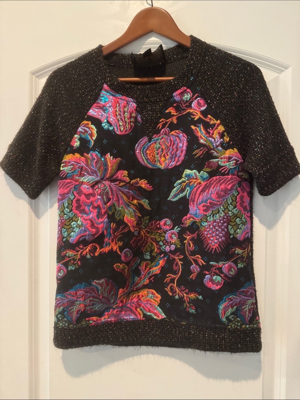 James Coviello metallic Floral Embroidery short sleeve sweater S Anthropologie
